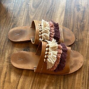 FRYE Brown Tassel Slide Sandals - Women's Casual Slip-On